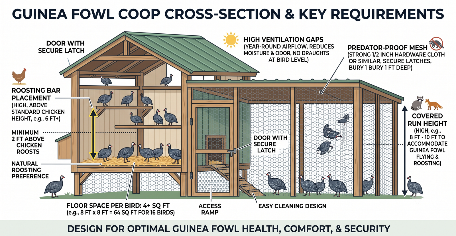 Detailed cross-section diagram of a guinea fowl coop featuring high roosting bars, 4 sq ft per bird floor space, high ventilation gaps, an 8 to 10 foot covered run, and hardware cloth predator-proof mesh.