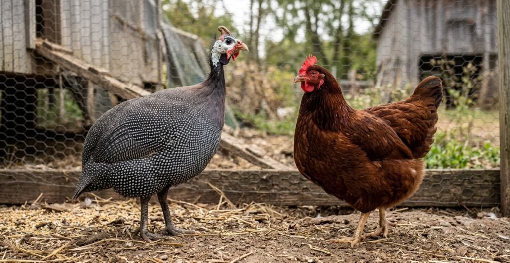 A helmeted guinea fowl with white-spotted grey feathers and a red-combed brown hen standing together on straw in a sunny farmyard coop.