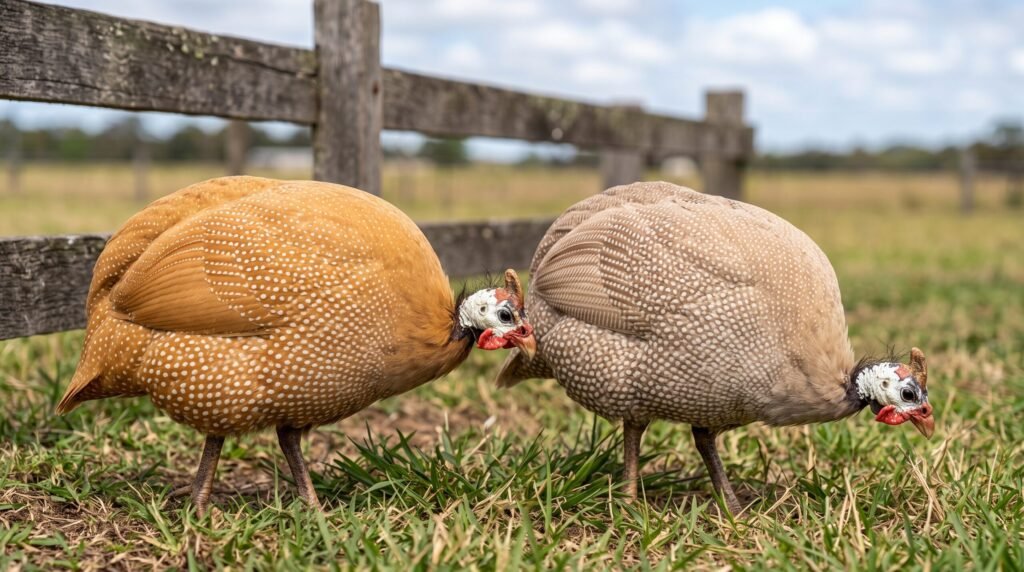 Buff and Buff Dundotte guinea fowl foraging near a wooden fence on a grassy farm pasture.