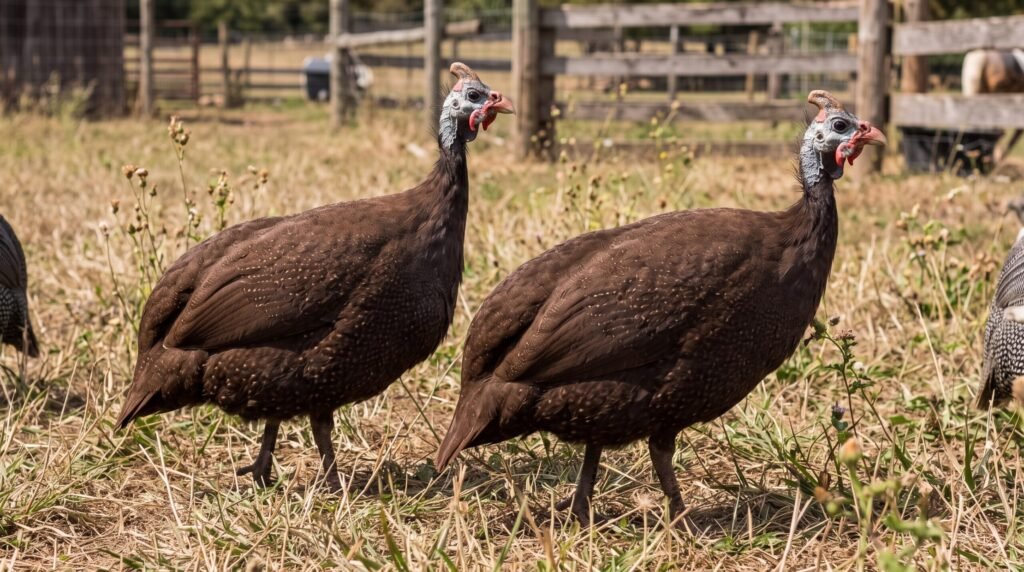 Two adult chocolate guinea fowl standing in an outdoor farm pasture with natural rich brown plumage.