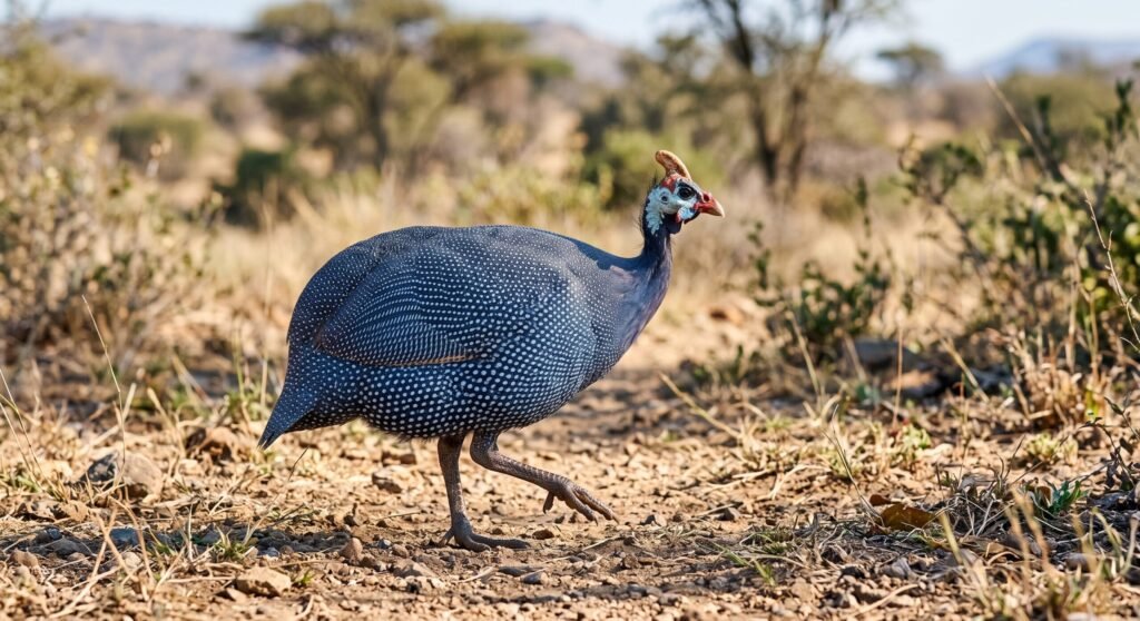 Coral Blue guinea fowl walking across dry open ground with distinct light blue-grey spotted plumage