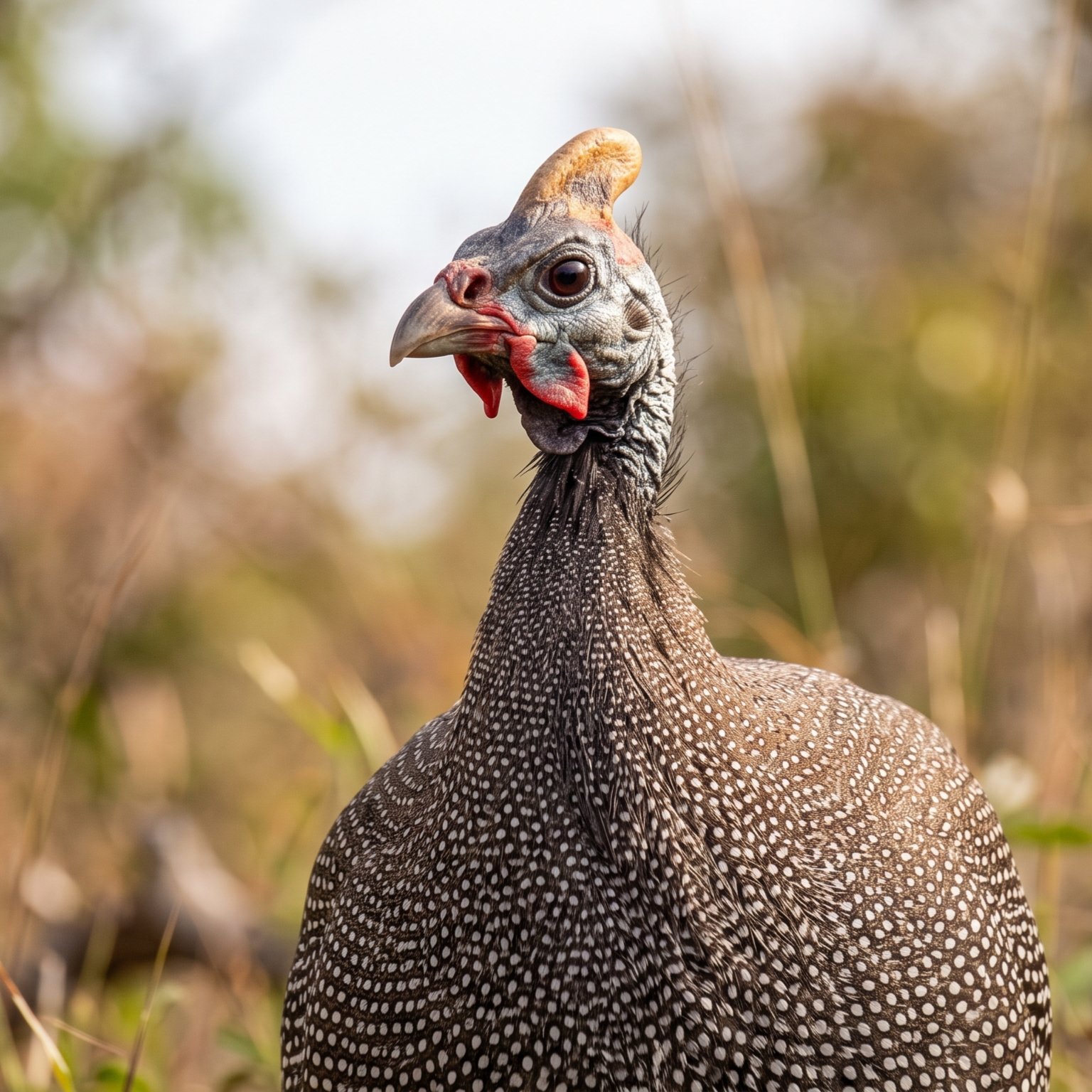 How to Hatch Guinea Fowl Eggs Successfully (Complete Guide) Close-up portrait of a helmeted guinea fowl standing among tall dry grass and green foliage, showing its speckled plumage, blue and red facial wattles, and prominent bony casque in natural soft daylight.