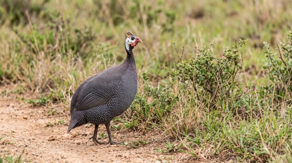 Pearl Gray guinea fowl walking along a dirt path in a grassy field