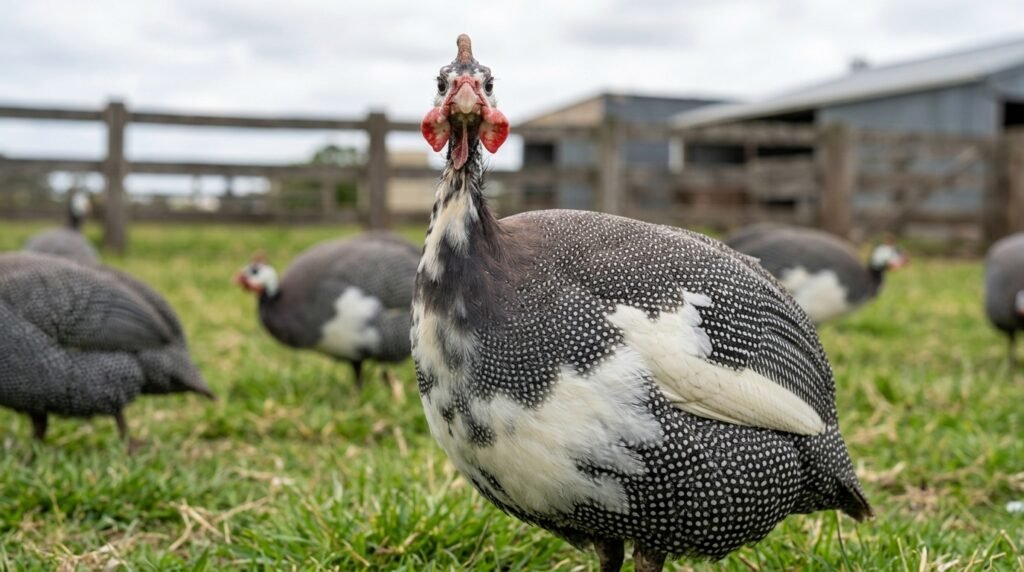 Pied guinea fowl standing in a green pasture with natural pearl grey and white feathered plumage on a farm.