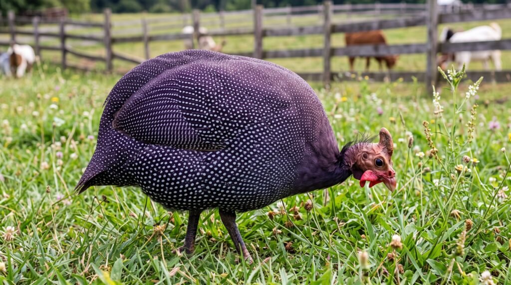 Royal purple guinea fowl foraging in a green grassy pasture with a farm fence in the background.