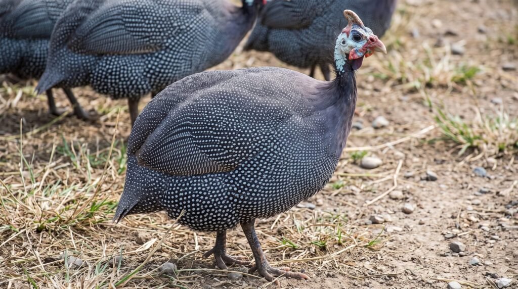 A Slate guinea fowl with blue-gray pearl-spotted plumage foraging outdoors in a dry field.