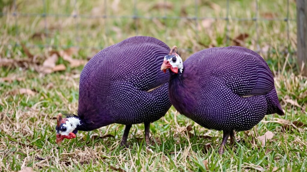 Two adult violet mulberry guinea fowl with dotted purple plumage foraging in a grassy yard.