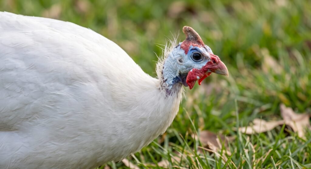 a white Helmeted Guineafowl in grass. The image focuses on the bird's bare head, highlighting its vibrant blue facial skin, red wattle, brown casque, and red-tipped beak.