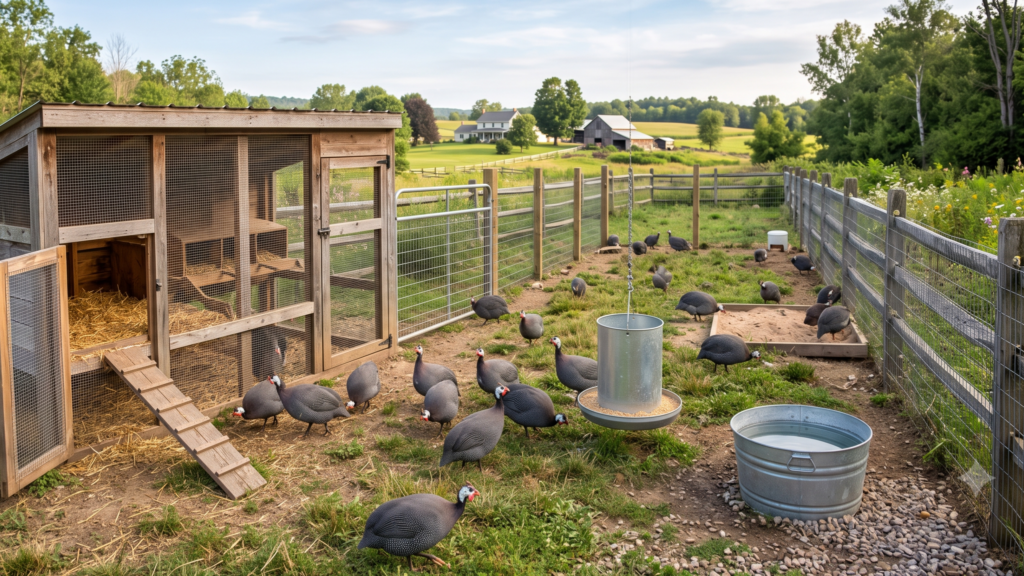 Guinea fowl flock in a backyard poultry enclosure with a wooden coop, hanging feeder, and galvanized water tub, showcasing the essential equipment needed for calculating guinea fowl farming expenses.