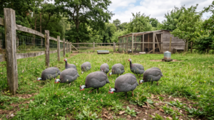 natural daylight photograph of several colorful guinea fowl foraging near a wooden coop in a lush, grassy outdoor enclosure, illustrating the environment discussed in '10 Common Mistakes First-Time Guinea Fowl Keepers Make'.