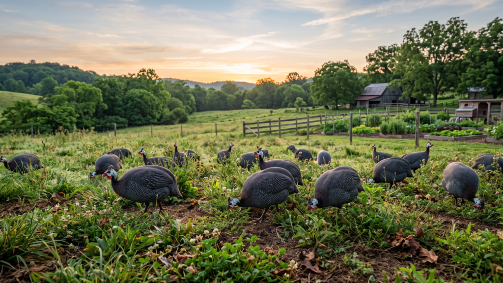 Flock of helmeted guinea fowl foraging in a grassy field on a rural homestead at sunset, with a garden, chicken coop, and barn in the background.