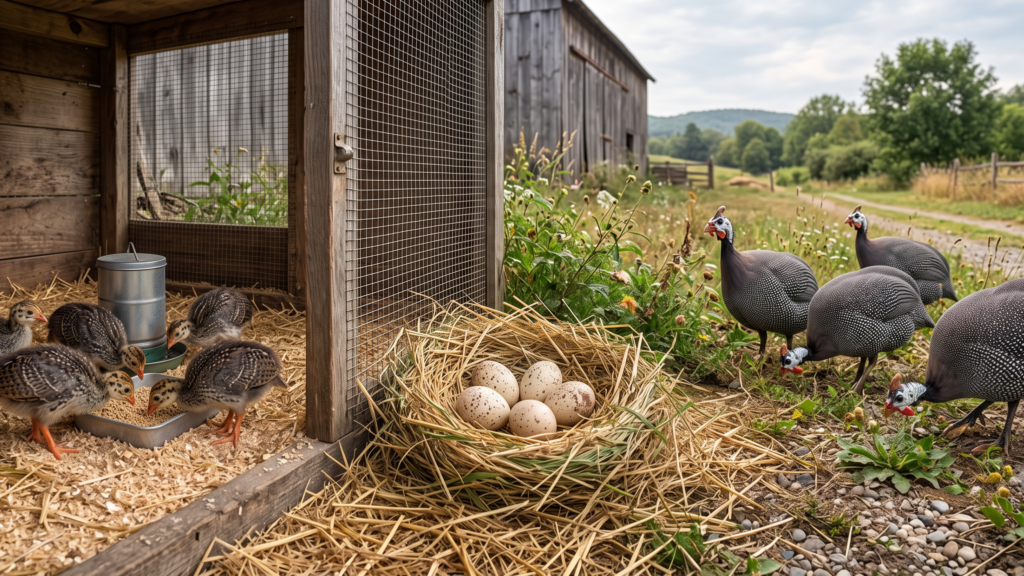 A side-by-side comparison illustrating the three ways to start a flock: young guinea fowl keets feeding in a wooden brooder on the left, a nest of hatching eggs in the center, and mature adult guinea fowl foraging on a farm path on the right.