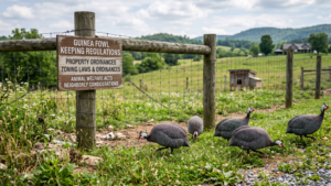 A photograph of several Guinea fowl roaming within a fenced rural backyard and garden, representing the legal requirements for property ownership and containment.