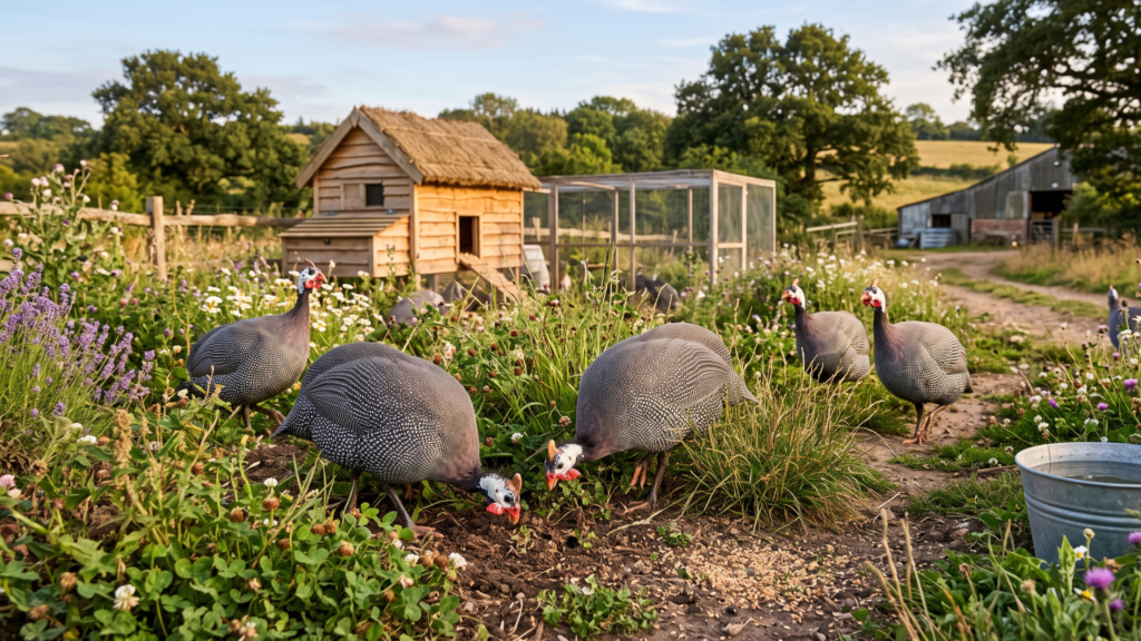 Small flock of guinea fowl foraging in a lush homestead pasture near a wooden coop, perfect for beginners learning how to raise guinea fowl.