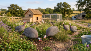 Small flock of guinea fowl foraging in a lush homestead pasture near a wooden coop, perfect for beginners learning how to raise guinea fowl.