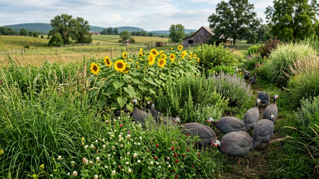 A flock of free-range guinea fowl foraging along a garden path filled with tall grasses, clover, and sunflowers on a rural farm.