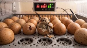 Newly hatched guinea fowl keet sitting inside a cracked speckled eggshell inside a digital incubator tray next to pipped eggs