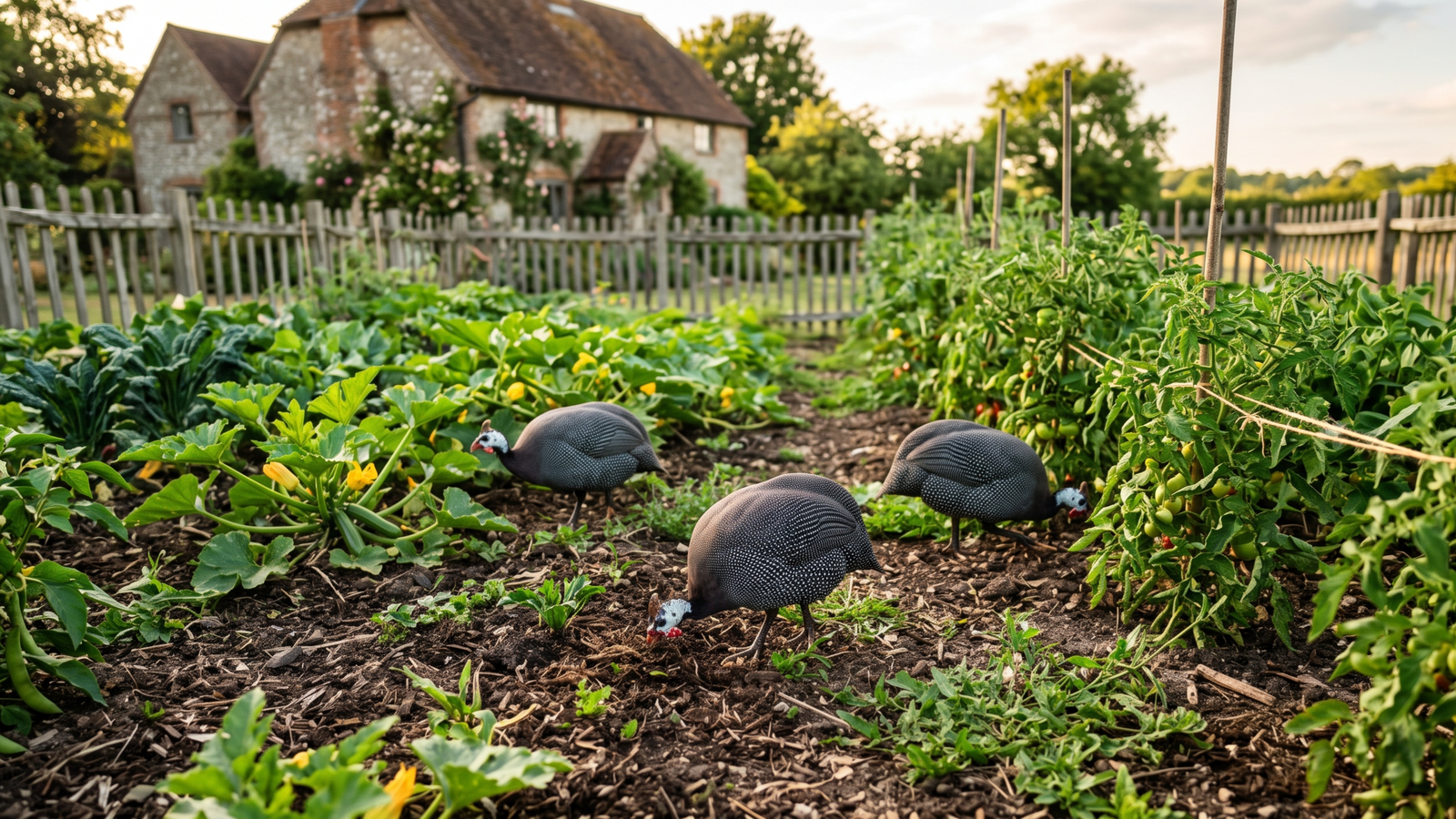 Three helmeted guinea fowl foraging for pests in a rows of a backyard vegetable garden with tomato and squash plants during golden hour.