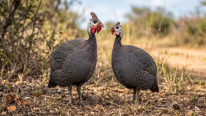 A macro photograph compares two helmeted guinea fowl side-by-side: a male (cock) with larger, bright red facial wattles and a taller bony casque, and a female (hen) with noticeably smaller, paler wattles and a lower, less defined casque.