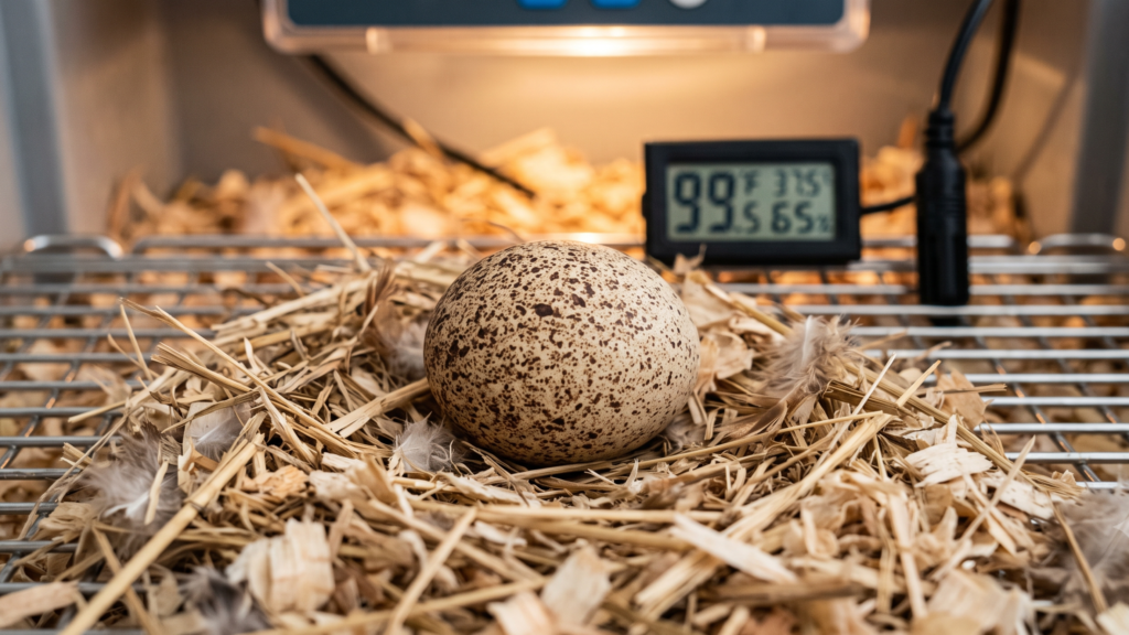 A speckled Guinea fowl egg nestled in hay within an incubator, next to a thermometer displaying environmental readings.