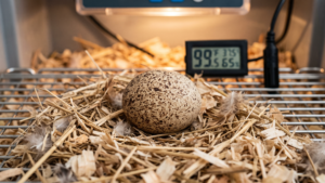 A speckled Guinea fowl egg nestled in hay within an incubator, next to a thermometer displaying environmental readings.