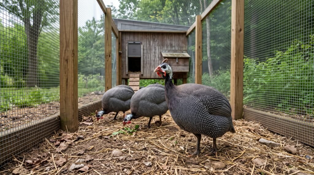 Three helmeted guinea fowl standing inside a predator-proof wire mesh run next to a wooden coop.