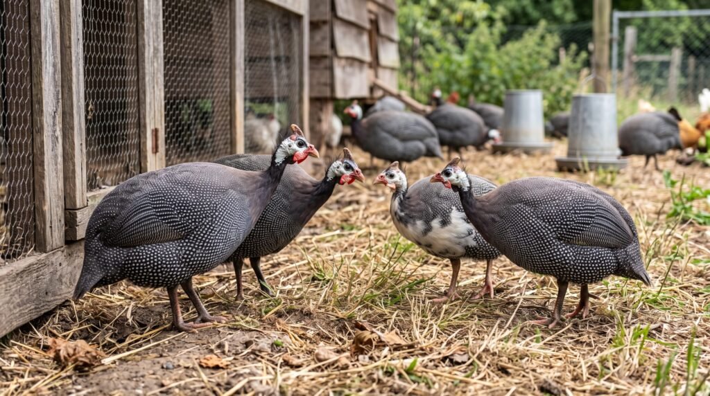 A closeup of helmeted guinea fowl standing together in an outdoor farmyard enclosure near a wooden coop and feeder.