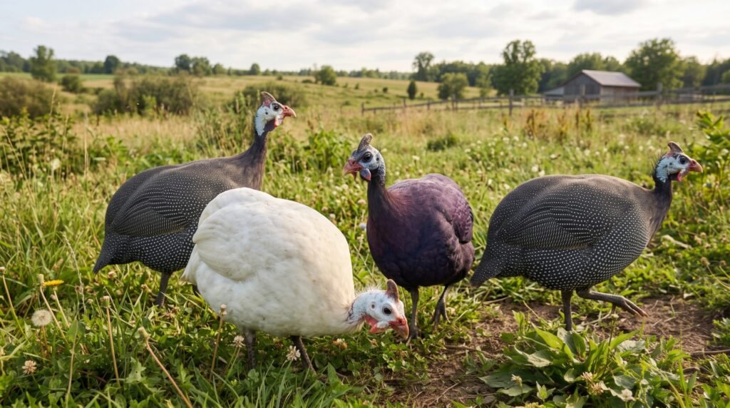 A medium shot of four helmeted guinea fowl foraging in a grassy green meadow. The flock consists of two birds with traditional dark, spotted plumage, one with solid purple-grey feathers, and one solid white bird in the foreground. Their bare, colorful heads and bony crests are clearly visible. In the background, there are rolling green fields, a tree line, and a rustic weathered barn under a cloudy sky.