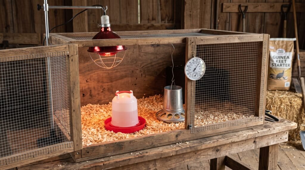 a wooden guinea fowl brooder box on a rustic workbench, equipped with a red heat lamp, hanging thermometer, waterer, feeder, pine shaving bedding, and a bag of 'Guinea Keet Starter' feed in the background.