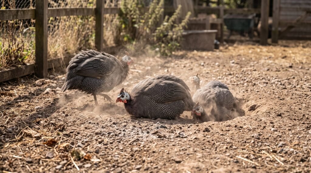 Helmeted guinea fowl rolling and kicking up soil in a dry dirt dust bath outdoors in a farmyard enclosure.