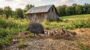 Home Adult helmeted guinea fowl standing with young keets in a farmyard with a rustic barn background