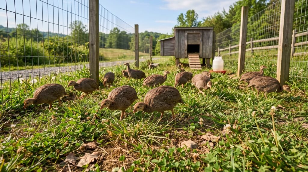 Several healthy guinea fowl keets foraging in grassy outdoor enclosure with coop in background on sunny day.