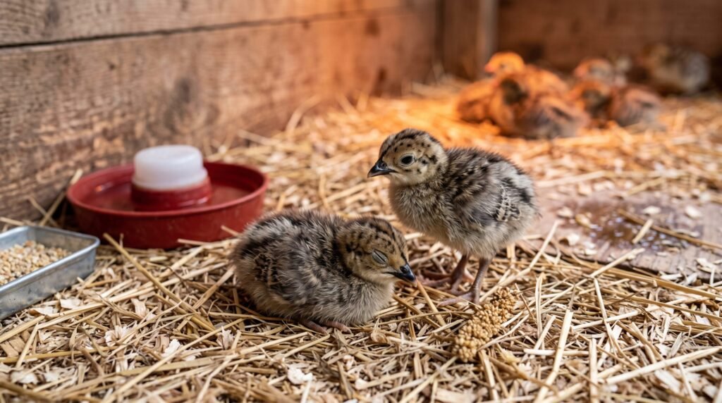two small guinea fowl keets in a brooder, where one keet stands next to a second keet that is sleeping or lethargic on the straw.